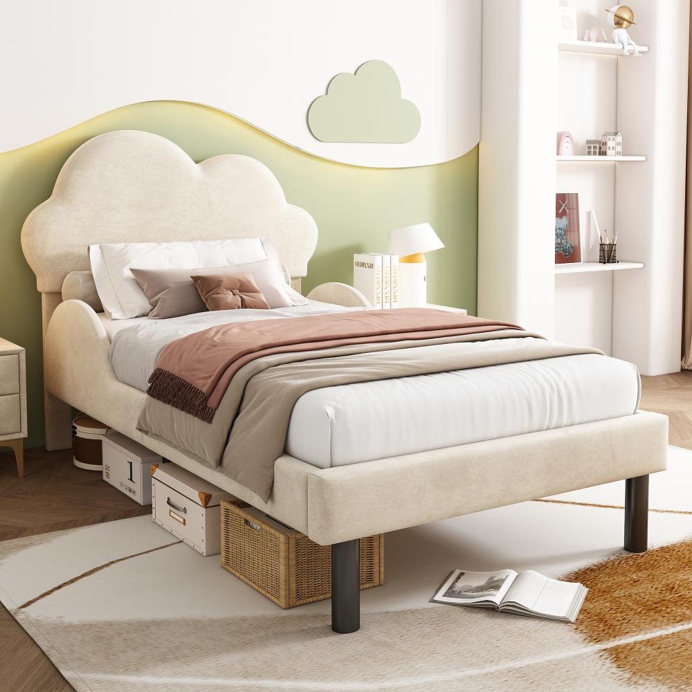 Merax Luxuriöses Samt Soft-Polsterbett mit Wolkenkopfteil, geschwungenen Seitenschienen und großem Stauraum, 90*200cm, Beige Bild 1