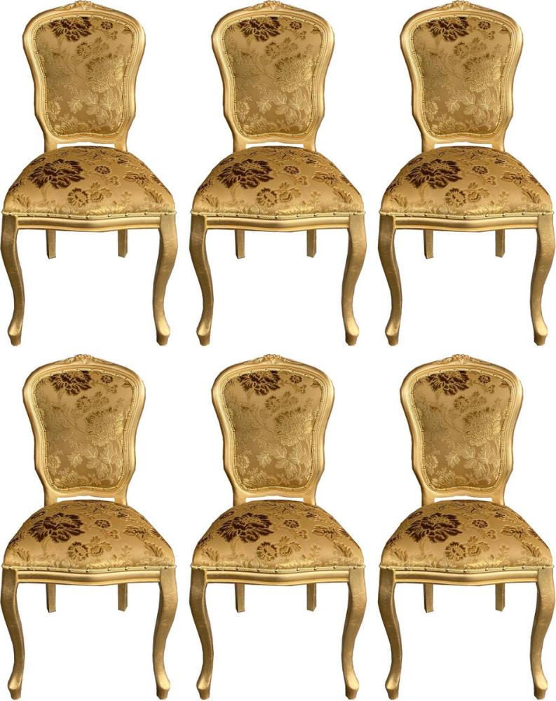 Casa Padrino Luxus Barock Esszimmer Stuhl Set mit elegantem Muster Gold 50 x 60 x H. 104 cm - Küchen Stühle 6er Set - Barock Esszimmer Möbel Bild 1