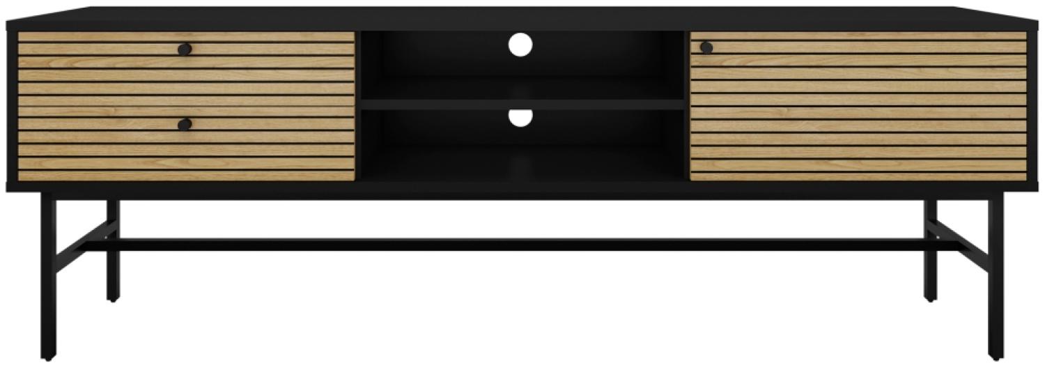 TV-Board Lowboard 150 x 40 cm MDF Schwarz mit Eichenholz Front geriffelt Bild 1