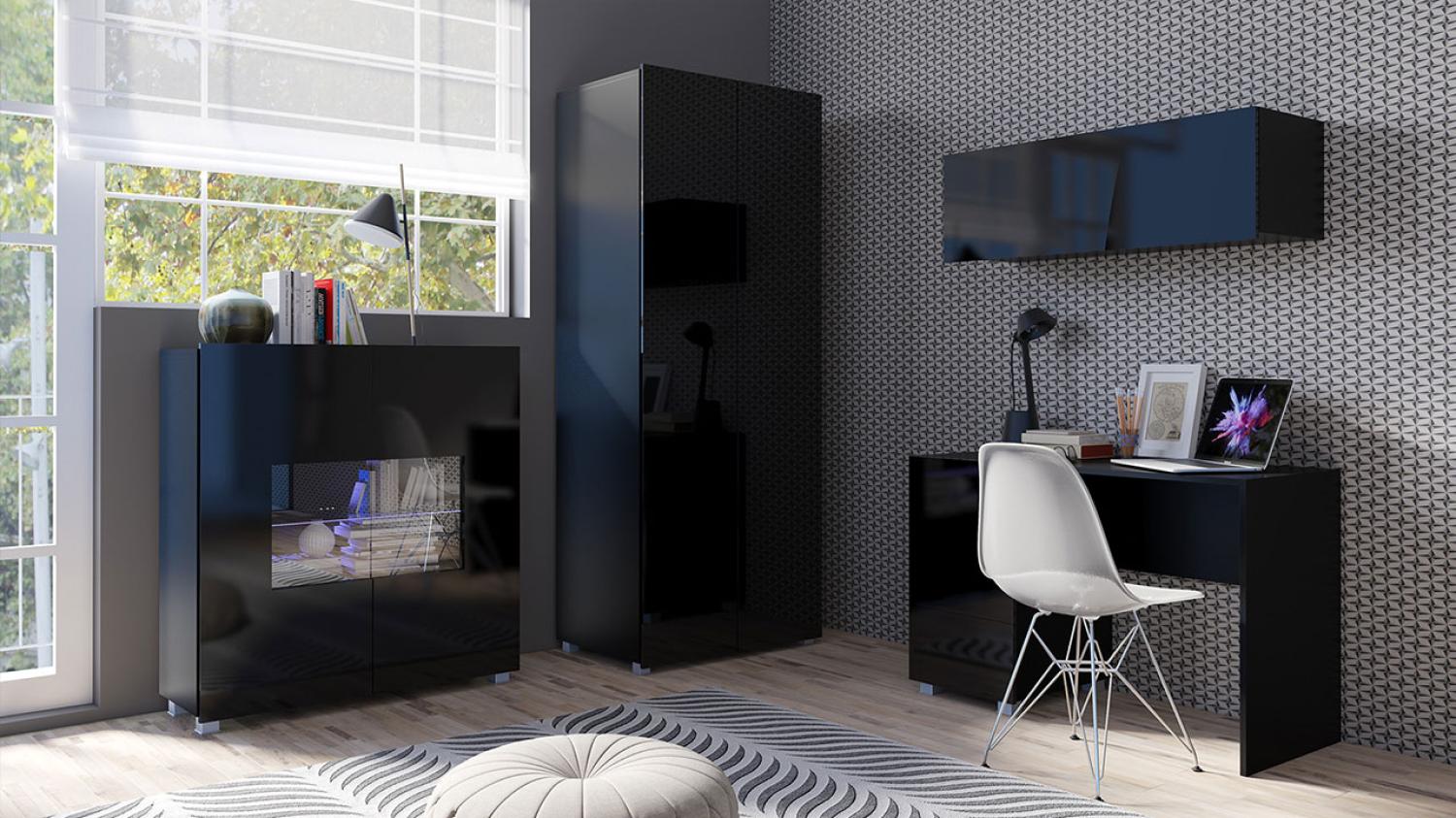 Jugendzimmer-set Calabrini XIV, mit blauer LED Beleuchtung, Farbe: Schwarz / Schwarz Hochglanz Bild 1