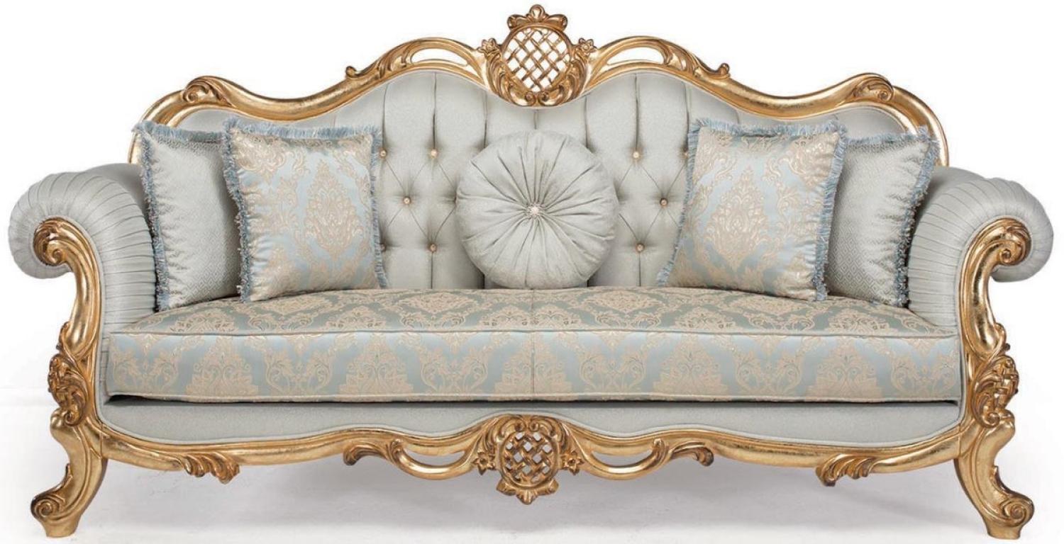 Casa Padrino Luxus Barock Wohnzimmer Sofa mit dekorativen Kissen Hellblau / Türkis / Gold 222 x 82 x H. 120 cm Bild 1