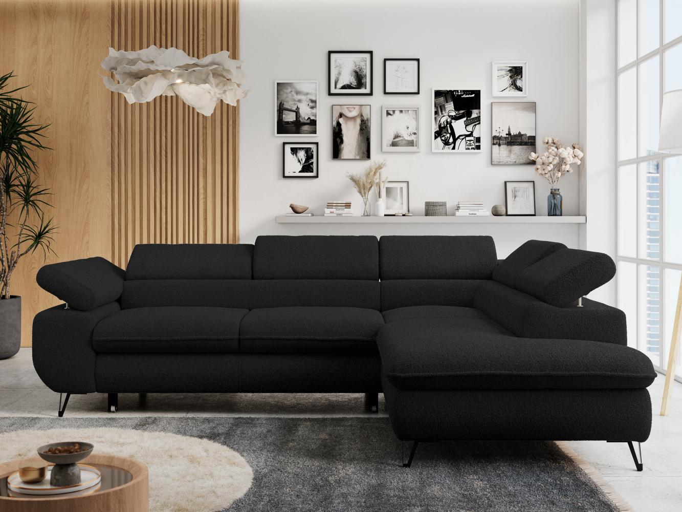 Ecksofa mit Bettfunktion, Modern Sofa, L-form, Einstellbare Kopfstützen, Bettkasten - PETER - Schwarz Boucle - Topper T25 - rechts Bild 1