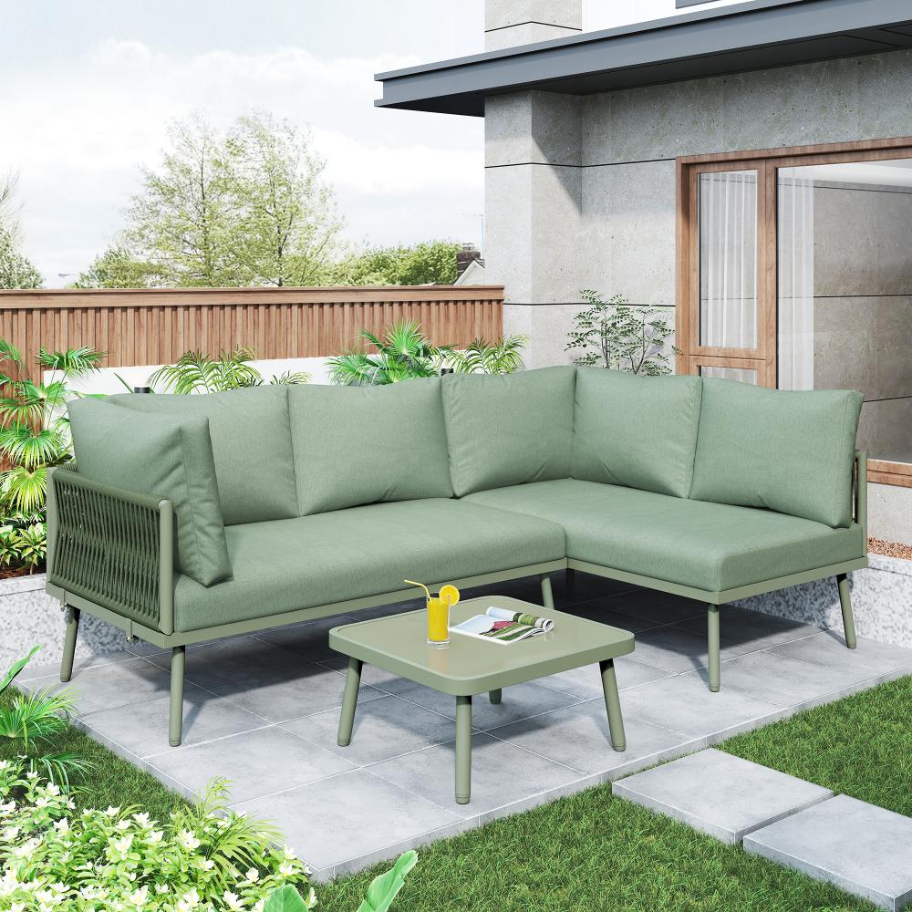 Merax Garten-Lounge-Set aus Eisen, Gartenmöbel-Set aus grünem Seil, L-förmiges Gartenmöbel-Set, Lounge-Set aus grünem Seil mit Sitzkissen Bild 1