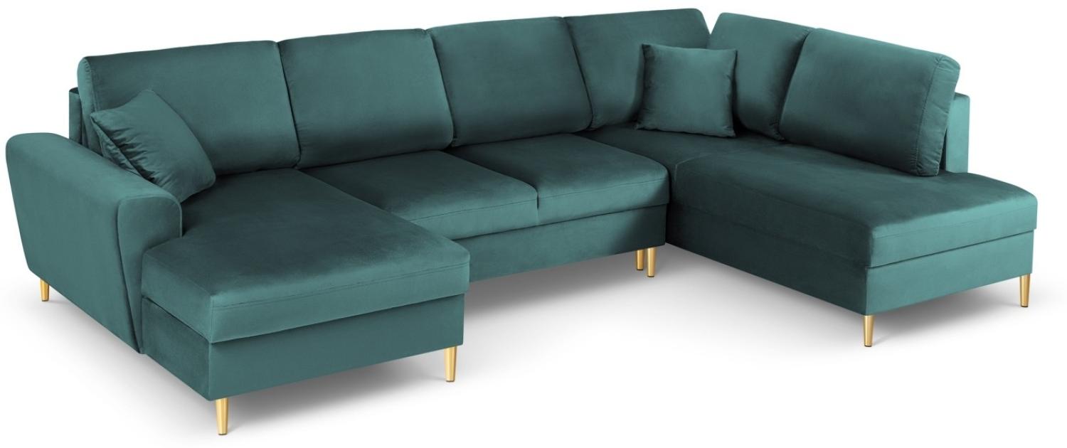 Micadoni 7-Sitzer Samtstoff Panorama Sofa Rechts mit Box und Schlaffunktion Moghan | Bezug Petrol | Beinfarbe Gold Metal Bild 1