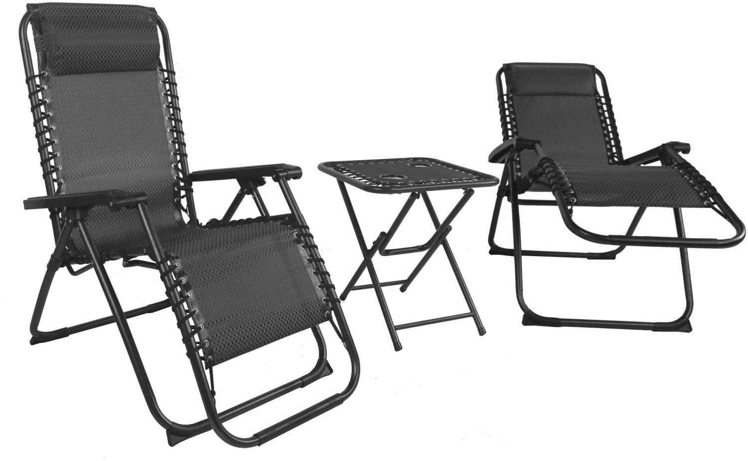 3 tlg. Relax Set Sessel m. Kopfkissen Tisch Gartenstuhl Gartenmöbel Liegesessel schwarz/grau Bild 1