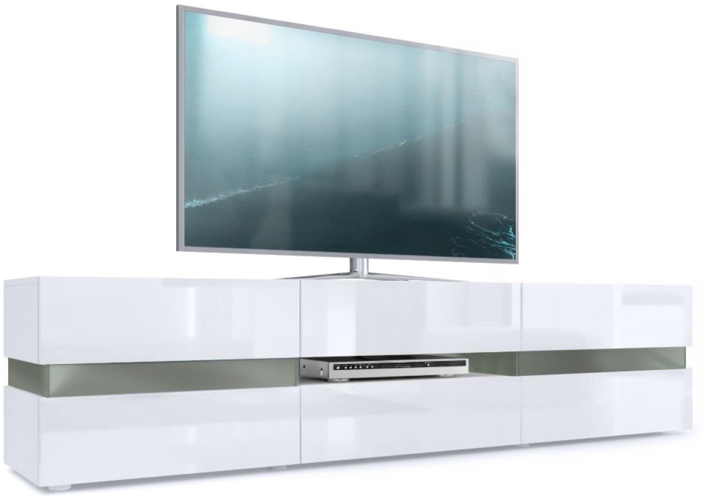 Vladon Lowboard Flow, TV-Kommode mit Ambient Light Verglasung mit 2 Türen, 1 Schublade und 1 Klappe, Weiß matt/Weiß Hochglanz (177 x 45 x 39 cm) Bild 1