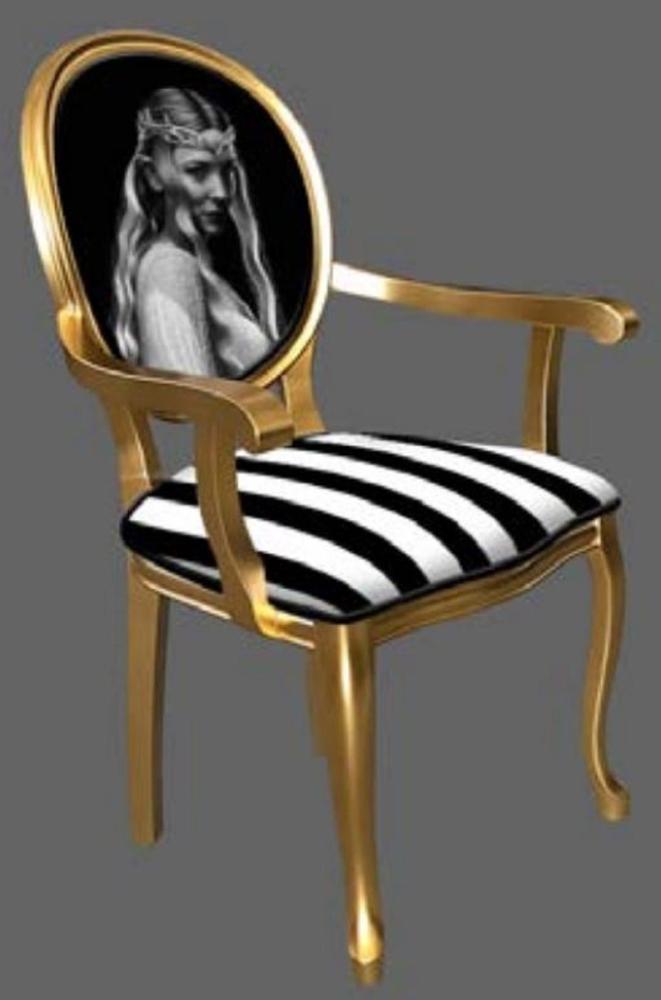 Casa Padrino Barock Esszimmerstuhl Schwarz / Weiß / Grau / Gold - Handgefertigter Antik Stil Stuhl mit Armlehnen - Esszimmer Möbel im Barockstil Bild 1