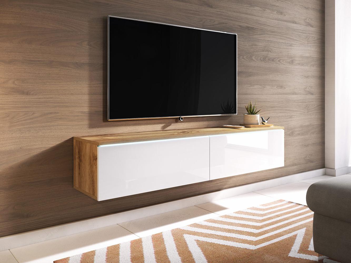 TV-Lowboard Stone 140, mit weißer LED Beleuchtung, Wotan / Weiß Hochglanz Bild 1
