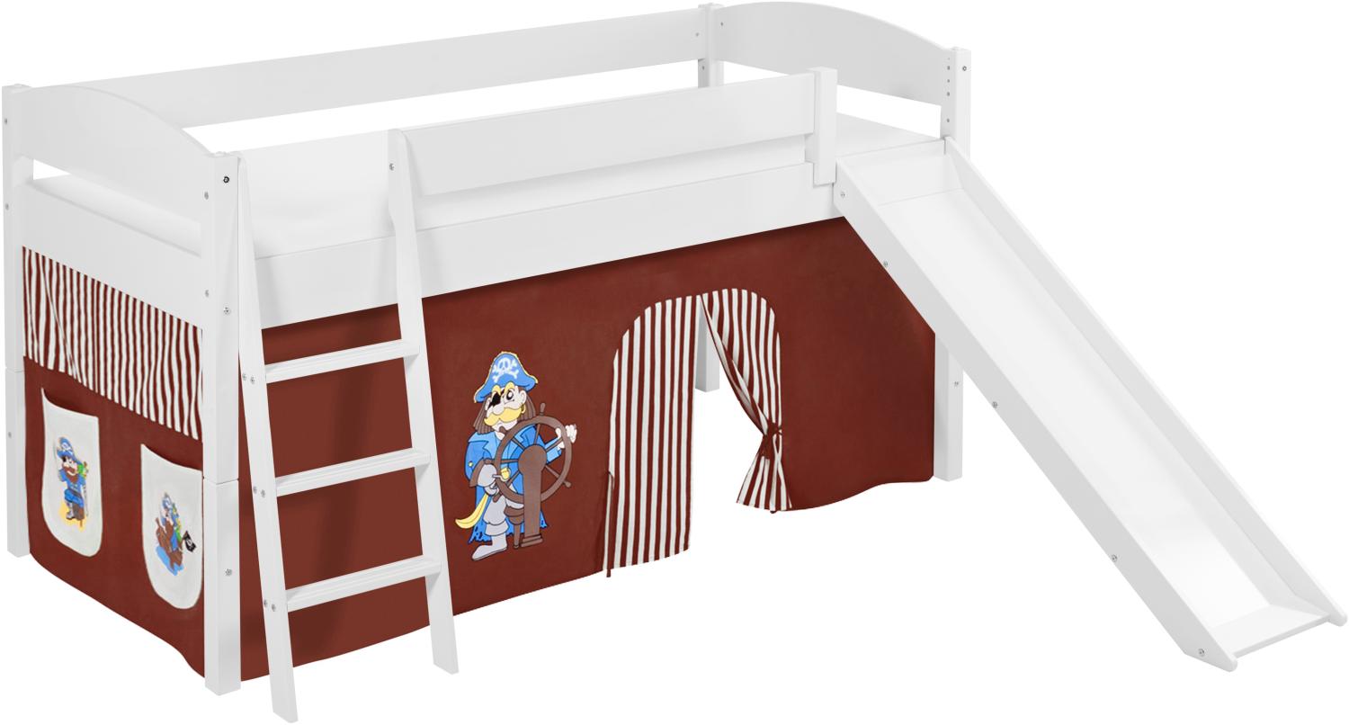Lilokids 'Ida 4105' Spielbett 90 x 200 cm, Pirat Braun Beige, Kiefer massiv, mit Rutsche und Vorhang Bild 1