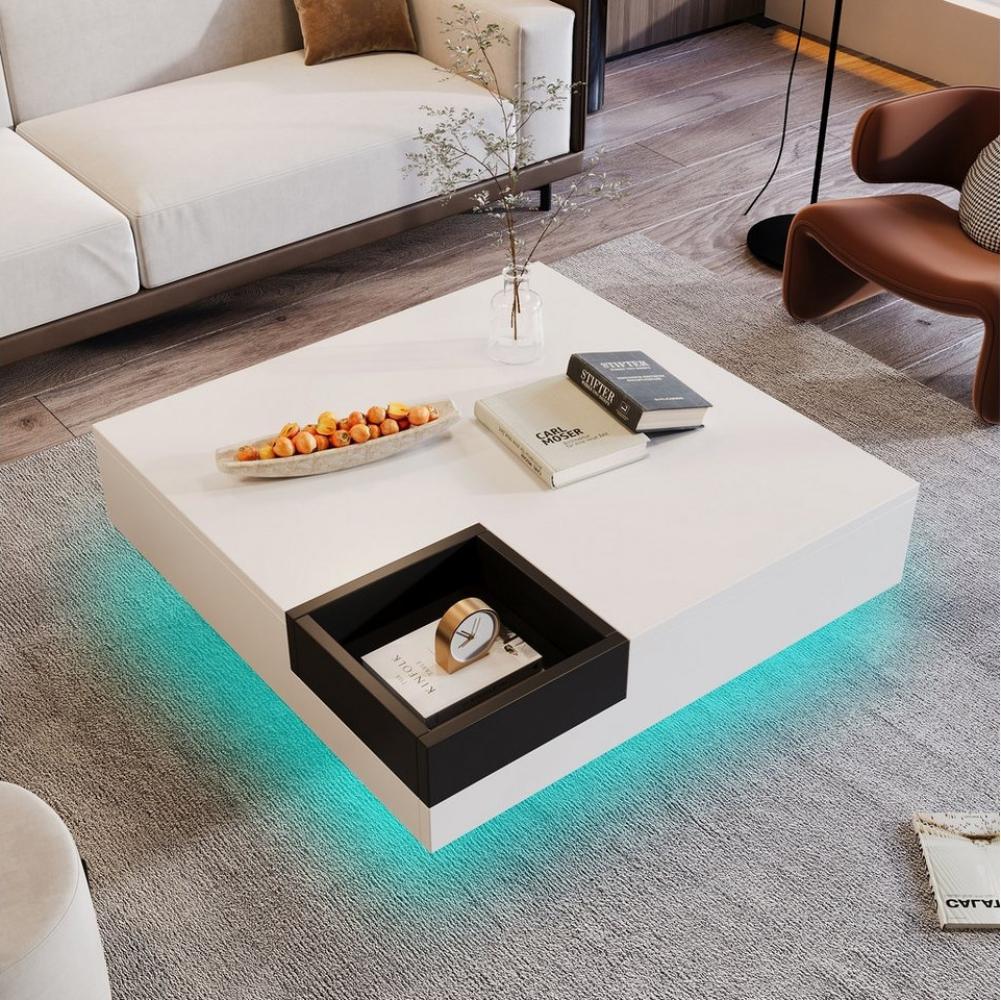 Merax Couchtisch mit herausnehmbarer Aufbewahrungsbox, Wohnzimmertisch Hochglanz mit LED, Beistelltisch, B/H/T: 72/30/72cm Bild 1