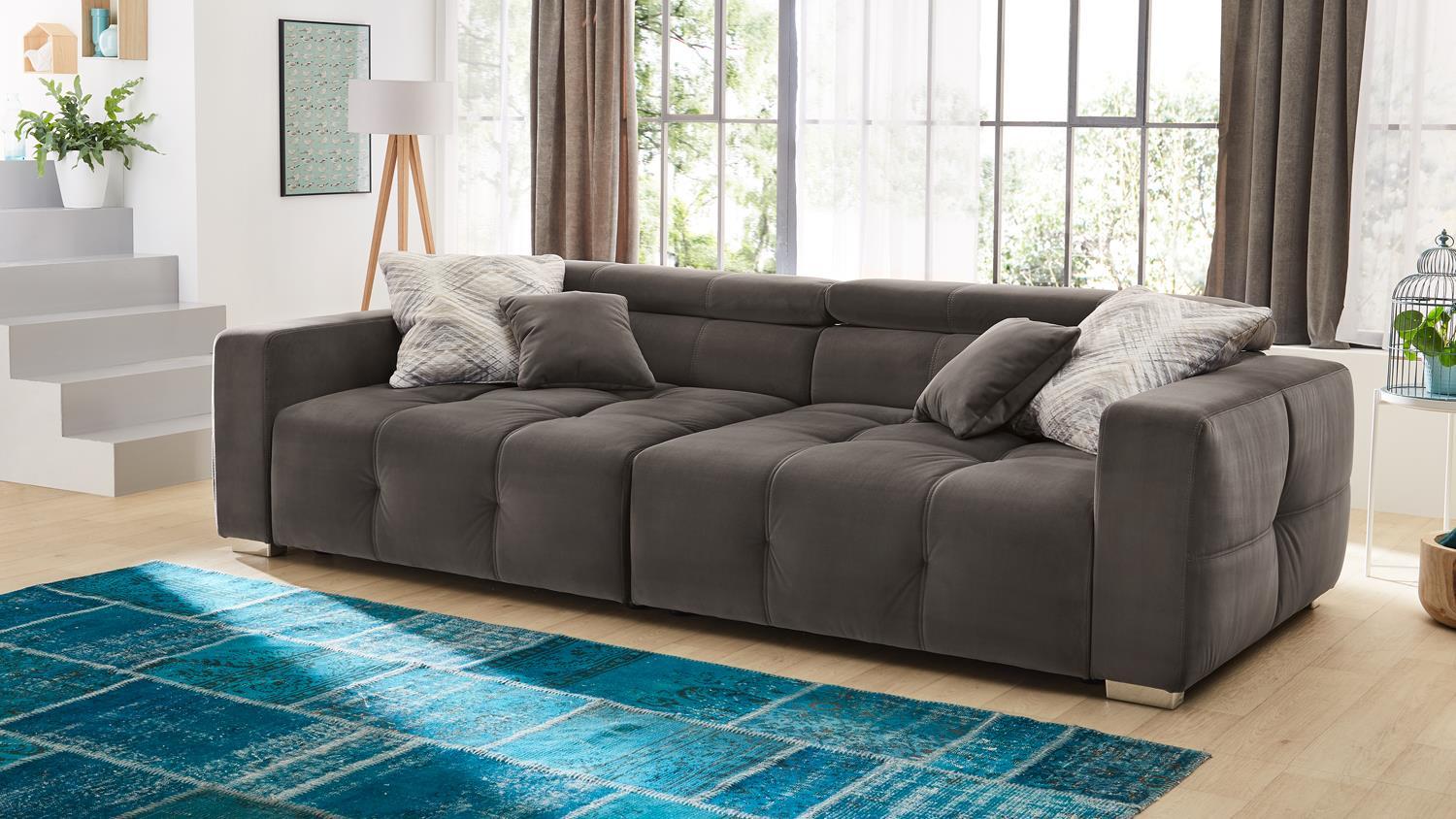 Big Sofa TRENTO Stoff samtweich grau Kopfteilverstellung Bild 1