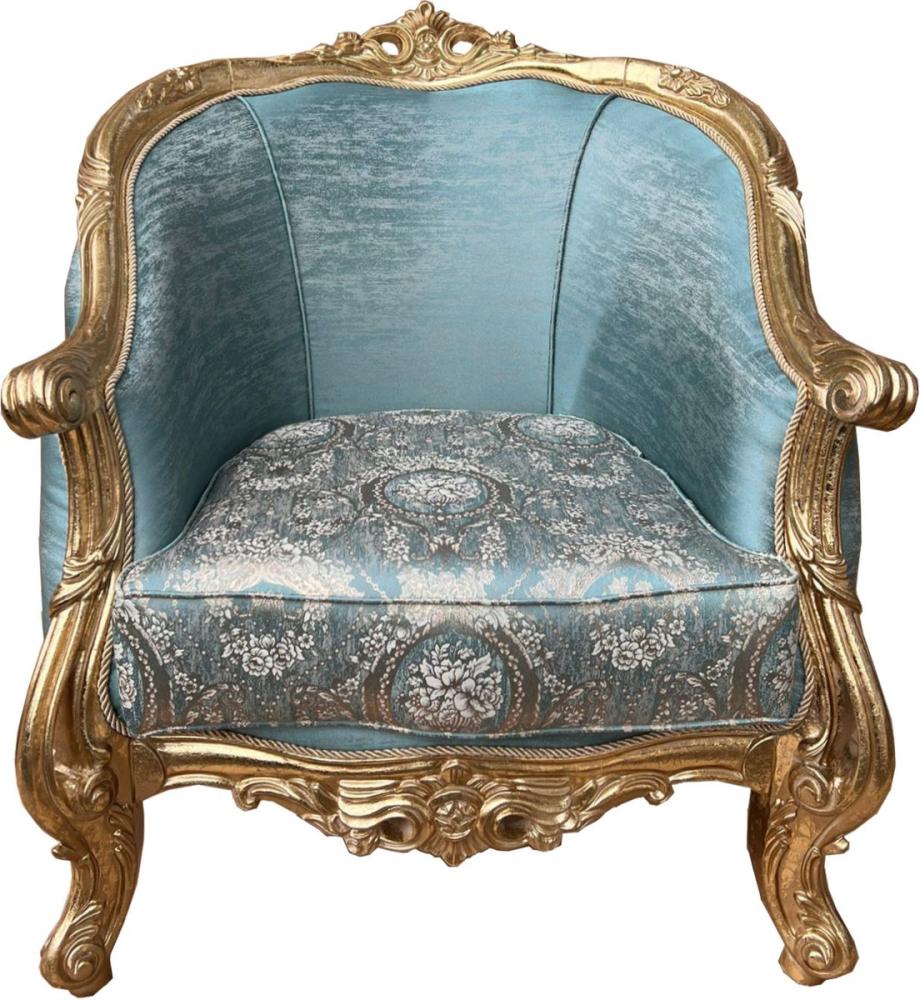 Casa Padrino Luxus Barock Wohnzimmer Sessel Türkis Muster / Gold - Handgefertigter Barockstil Sessel mit elegantem Muster - Wohnzimmer Möbel im Barockstil - Barock Möbel - Edel & Prunkvoll Bild 1