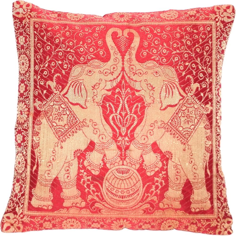 Handgewebter indischer Banarasi Seide Deko-Kissenbezug mit Extravaganten Elefant Design in Rot - 40 cm x 40 cm Bild 1