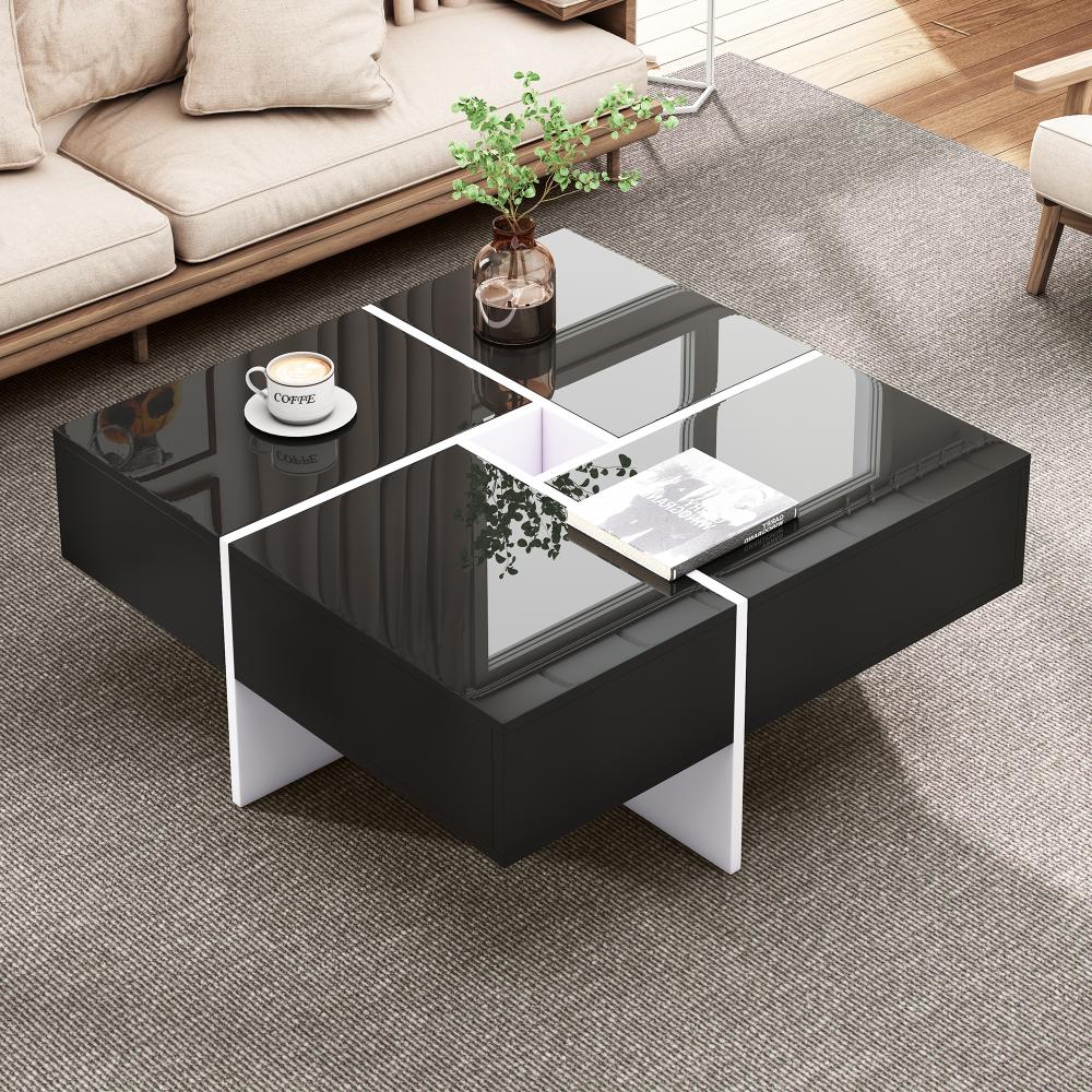 Merax Eleganter Hochglanz-Couchtisch 70*70*35 cm, eingebautes Staufach und 4 robuste Schubladen, maximale Belastbarkeit 30 kg, quadratischer Hochglanz-Couchtisch, Schwarz Bild 1