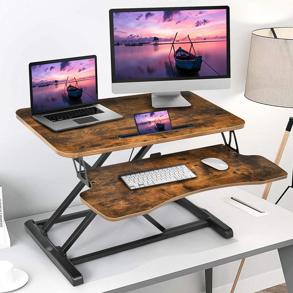 COSTWAY Sitz-Steh-Schreibtisch höhenverstellbar mit Tastaturablage Monitorständer &  Tablet-Halter für Monitor oder Laptop Braun Bild 1
