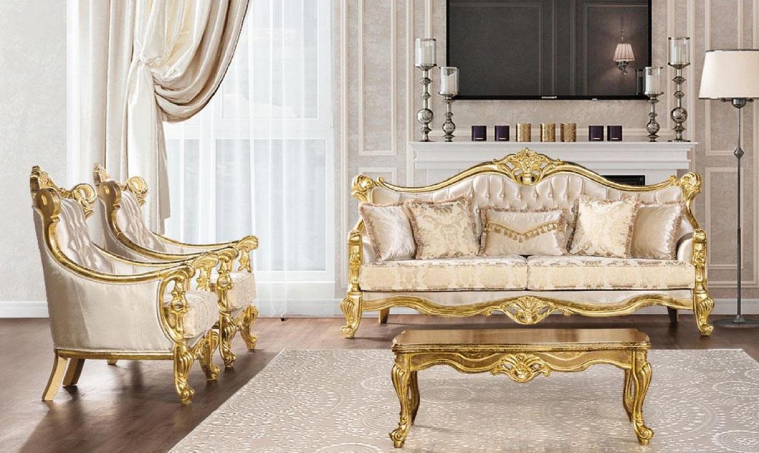 Casa Padrino Luxus Barock Wohnzimmer Set Beige / Gold - 2 Barock Sofas mit Muster & 2 Barock Sessel mit Muster & 1 Barock Couchtisch - Barock Wohnzimmer Möbel Bild 1