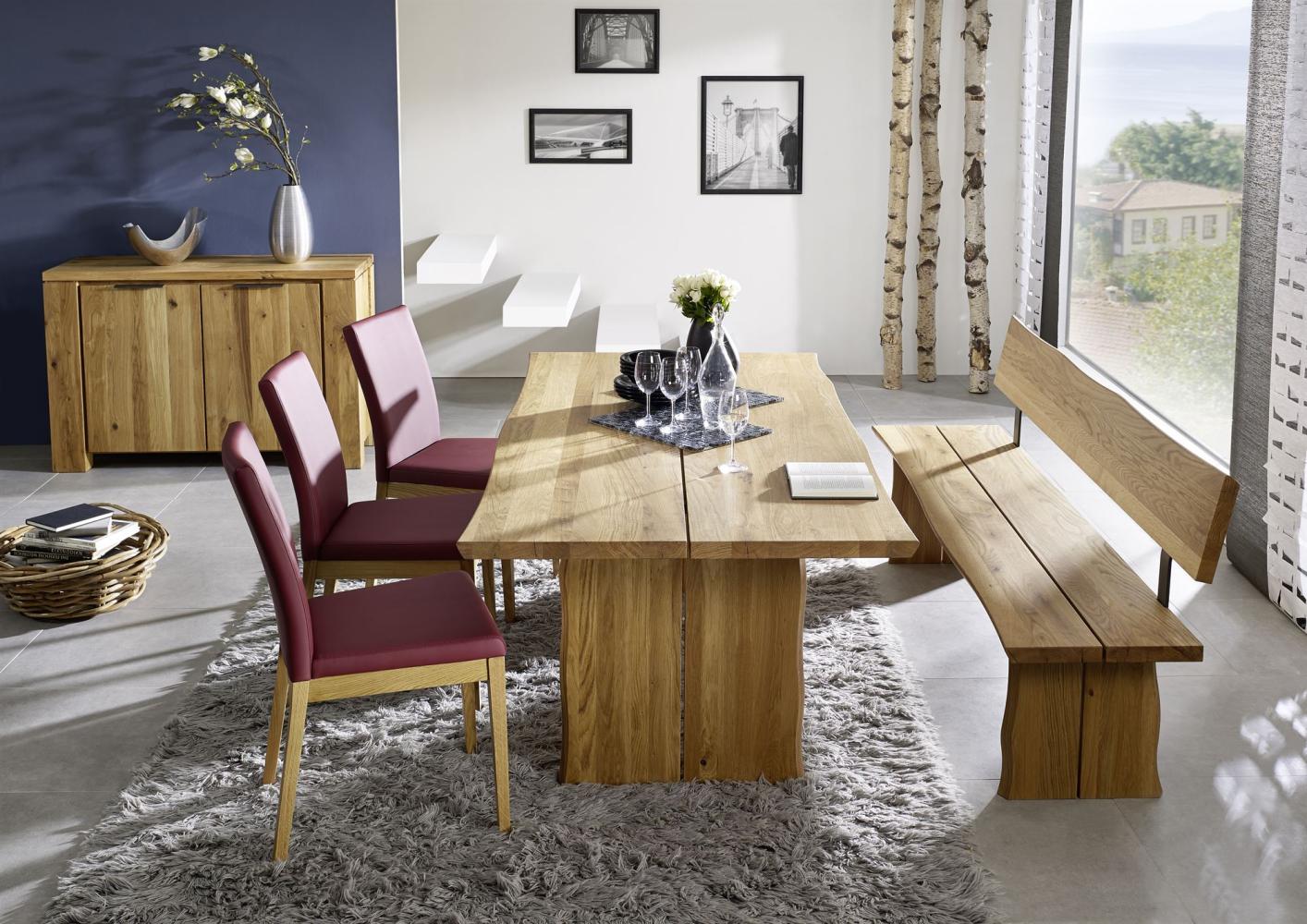 Essgruppe Massivholz Daliah Tischgruppe mit 3 Stühlen und Sitzbank Wildeiche/Weinrot 12020 Bild 1