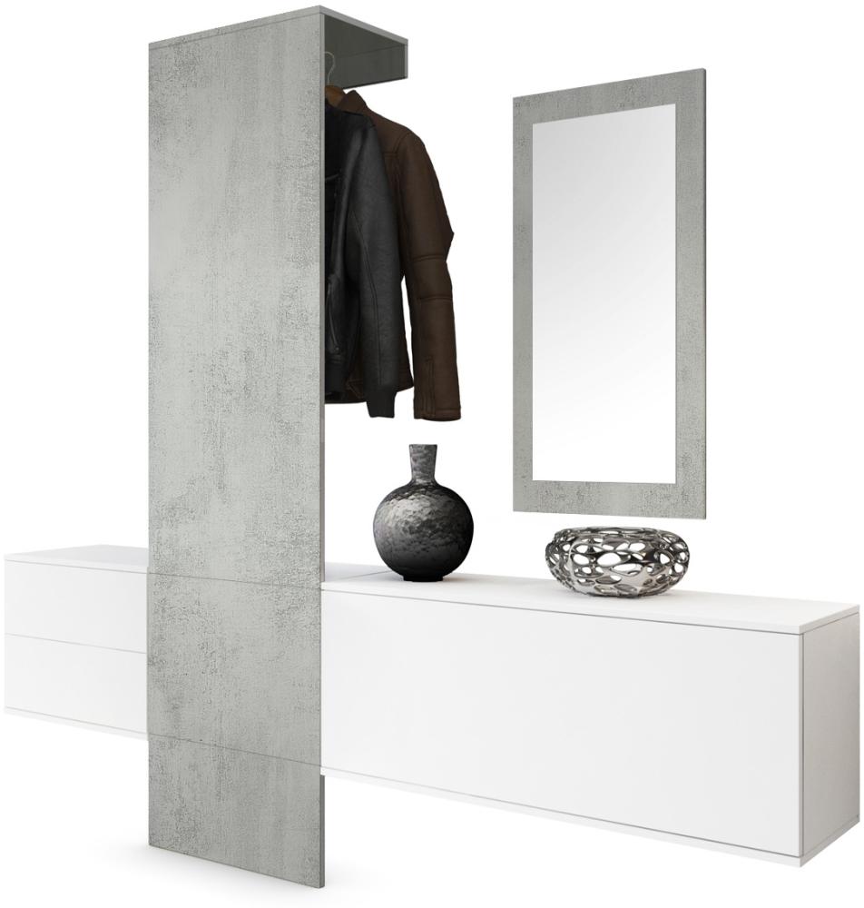 Garderobe Wandgarderobe Carlton Set 1, Korpus in Weiß matt / Paneel und Spiegel in Beton Oxid Optik Bild 1