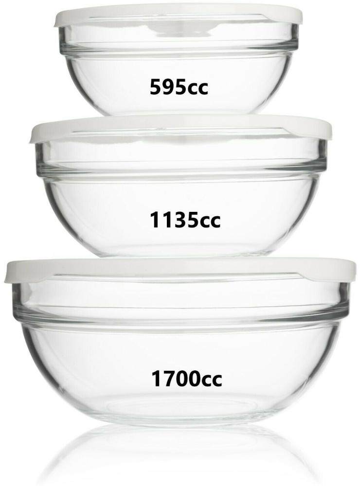 Pasabahce 97314 Chefs Vorratsdosen 3er Set Aufbewahrung Servierschalen Set Rührschüssel Glas Stapelbar Salat Schüsseln Schale mit Deckel Bild 1