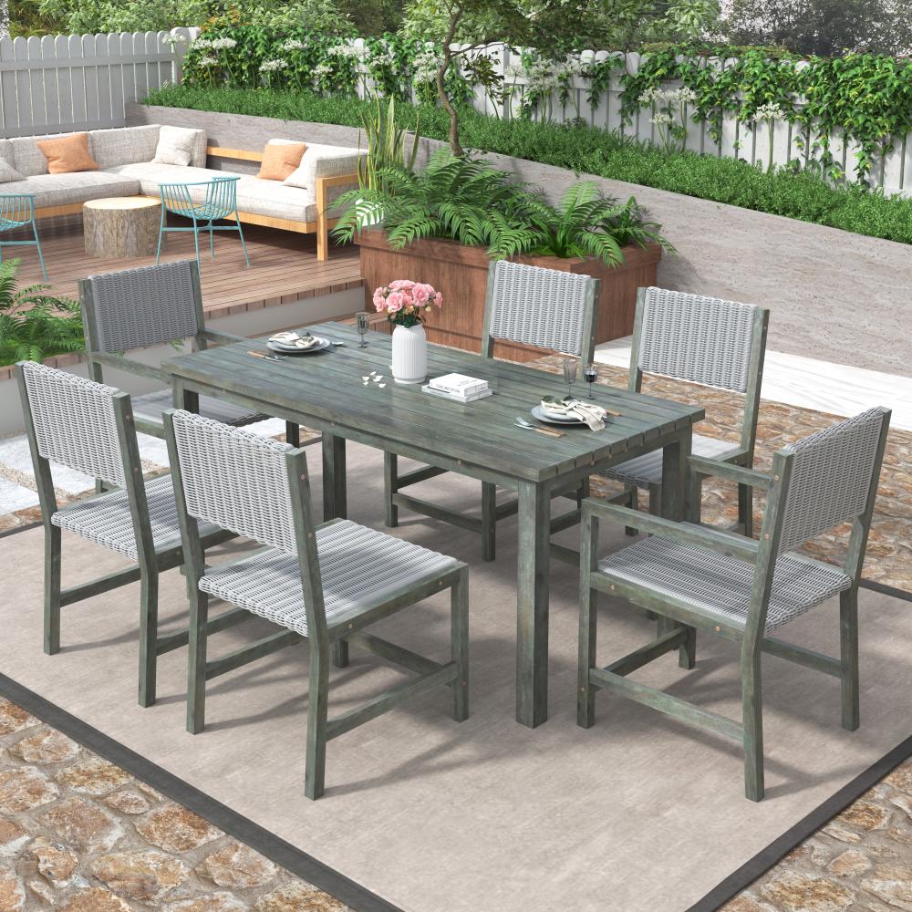 Merax 7-teiliges Outdoor-Esstisch-Set für 6 Personen, Gartenmöbel-Set aus HDPE-Rattan, Stuhlgestell aus Akazienholz für Hinterhof, Garten, Grün Bild 1