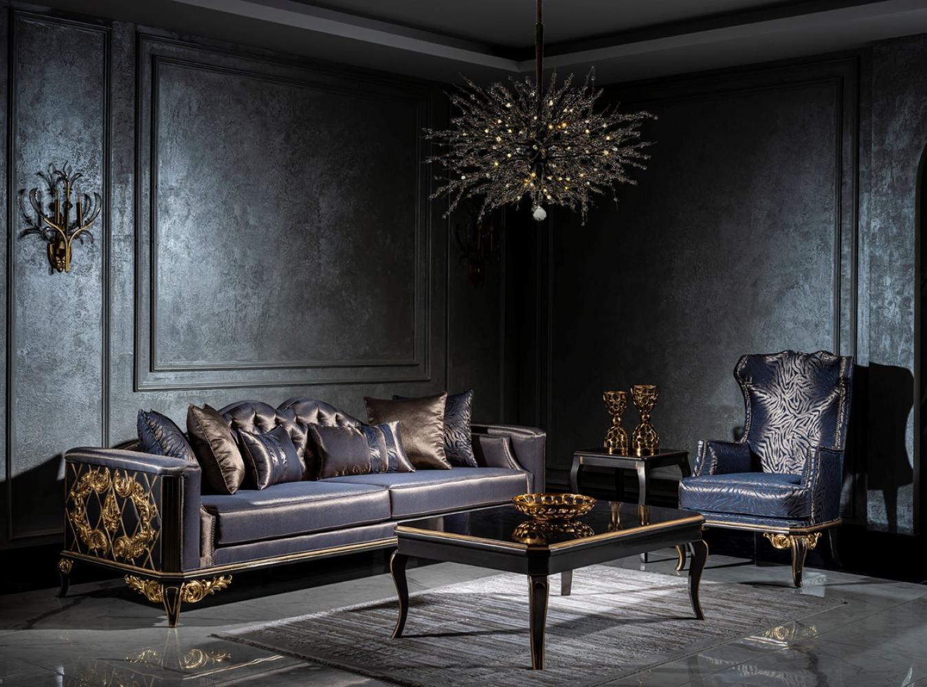 Casa Padrino Luxus Barock Wohnzimmer Set Blau / Schwarz / Gold - 2 Sofas & 2 Sessel & 1 Couchtisch - Wohnzimmer Möbel im Barockstil - Edel & Prunkvoll Bild 1