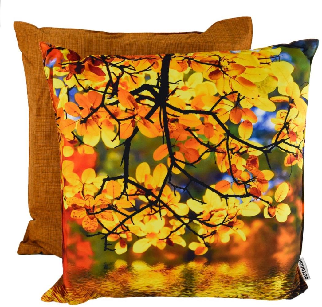 Outdoor Kissen Herbst 45x45x12cm wetterbeständig mit herbstlichen Motiven Blätter-Wasser Bild 1