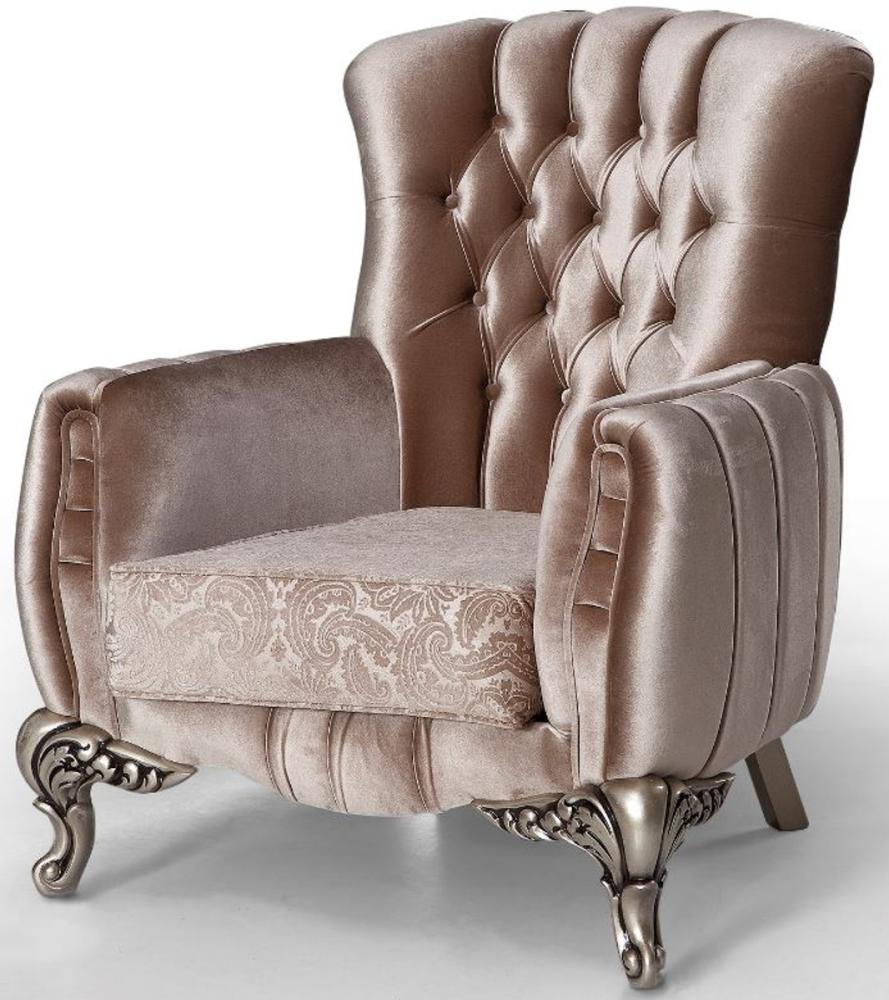 Casa Padrino Luxus Barock Sessel Rosa / Silber 91 x 86 x H. 104 cm - Wohnzimmer Sessel mit elegantem Muster - Barock Möbel Bild 1
