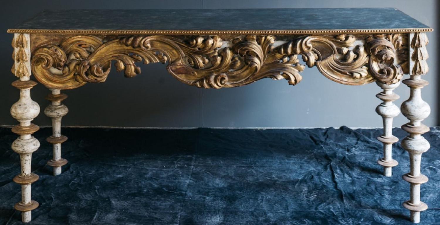 Casa Padrino Luxus Barock Konsole mit Marmorplatte Antik Weiß / Antik Gold / Schwarz 190 x 62 x H. 92 cm - Handgefertigter Antik Stil Konsolentisch Bild 1