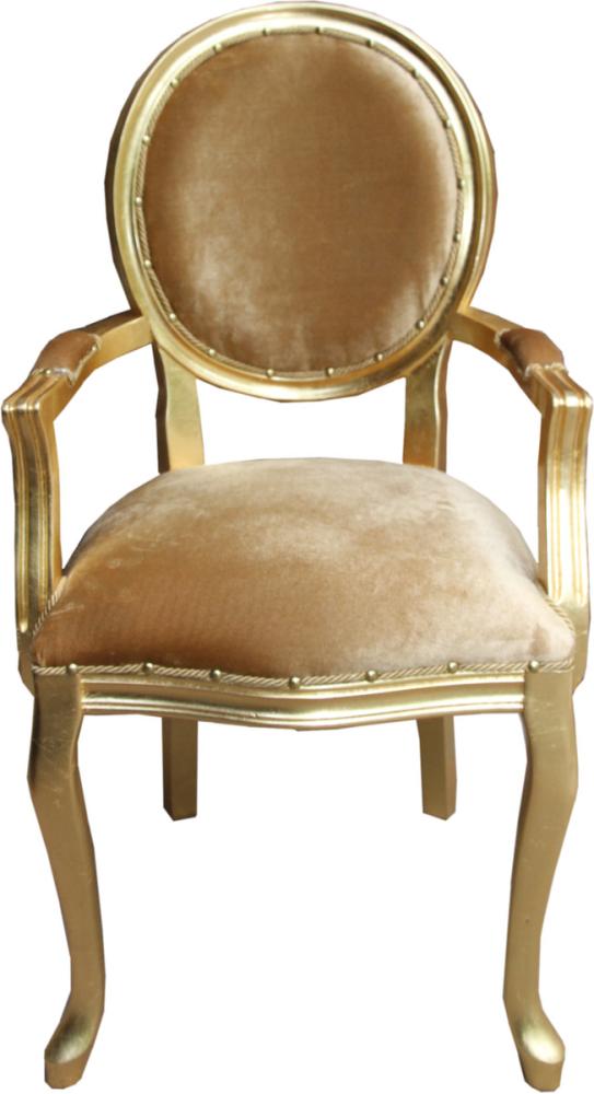 Casa Padrino Barock Luxus Esszimmer Medaillon Stuhl mit Armlehnen Gold Samtstoff / Gold Bild 1
