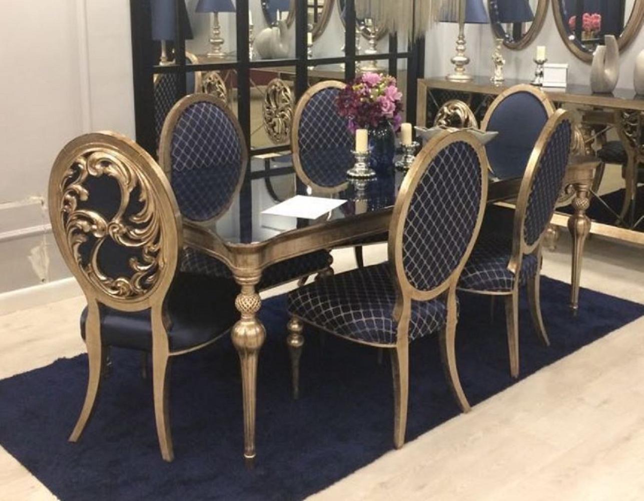 Casa Padrino Luxus Barock Esszimmer Set Blau / Antik Gold - 1 Esszimmertisch & 6 Esszimmerstühle - Barock Esszimmer Möbel - Edel & Prunkvoll Bild 1