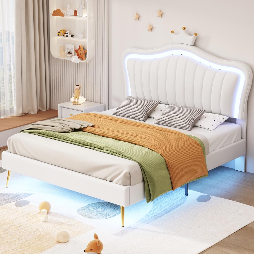 Merax Polsterbett 140 x 200 cm, weißes Kronen-Doppelbettgestell aus PU-Leder mit LED-Leuchten (Matratze nicht enthaltet) Bild 1