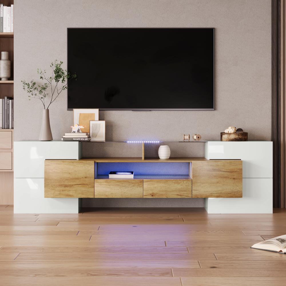 Merax Lowboard mit LED-Beleuchtung und Glasplatte, TV-Schrank mit hochglänzenden Korpus, Holzoptik, Breite 200 cm, Natural | Weiß Bild 1