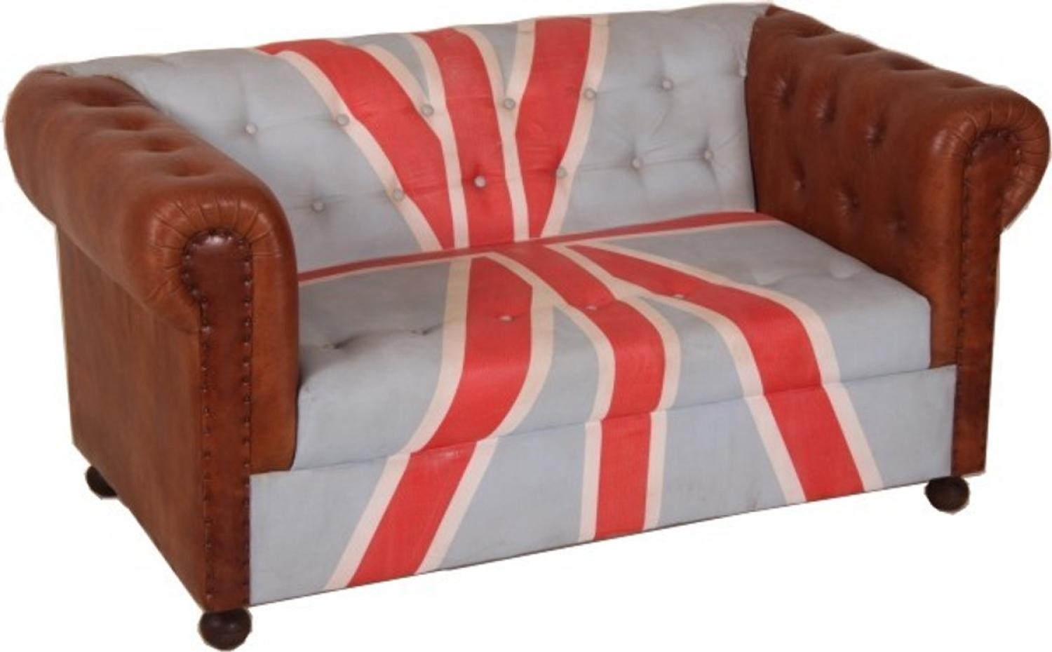 Chesterfield Luxus Echt Leder Sofa Union Jack / Braun 2 Sitzer Vintage Leder von Casa Padrino Englische Flagge England Möbel Bild 1