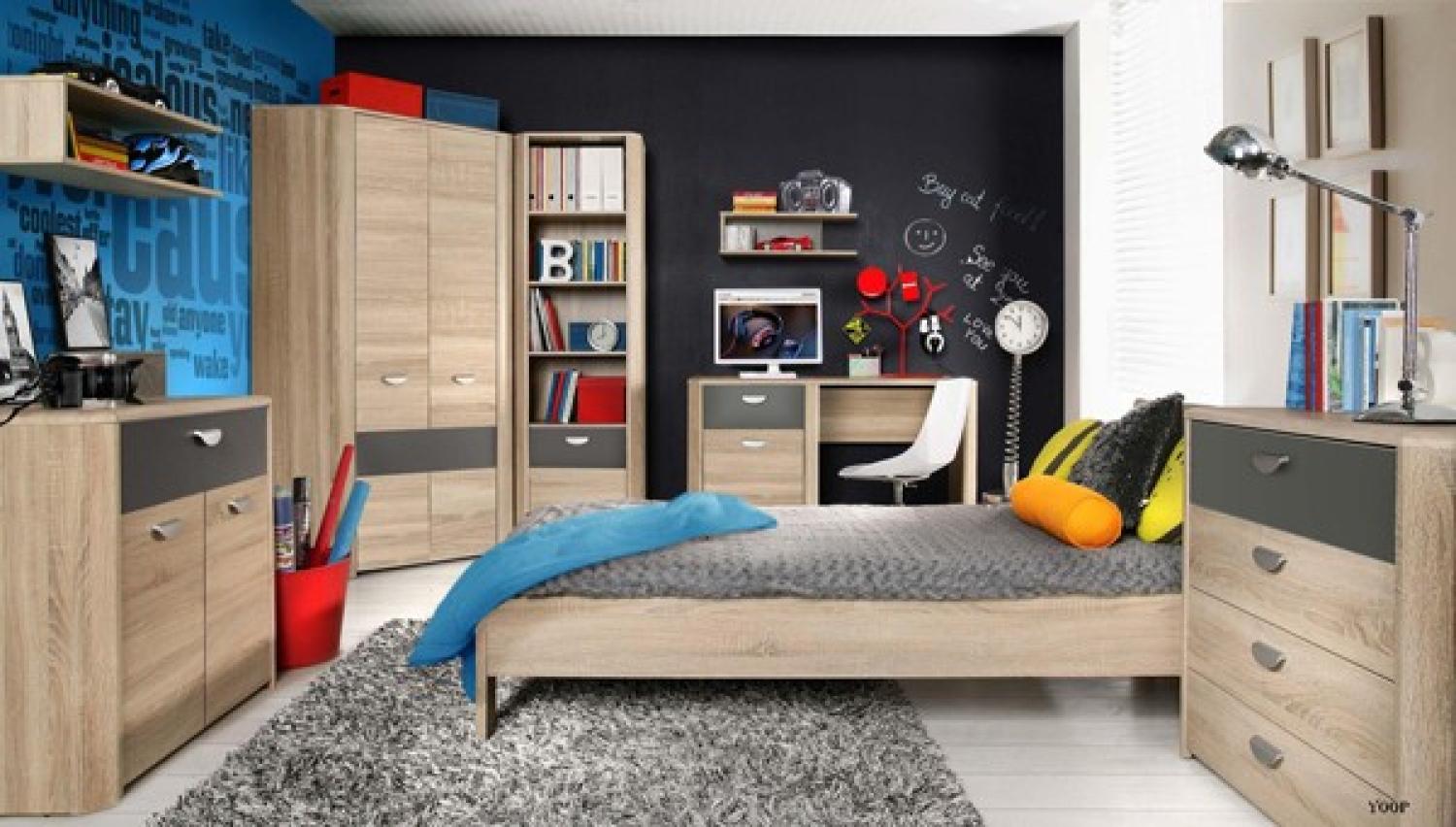 Jugendzimmer Set "Yoop" 6-teilig mit Eckkleiderschrank und Bett 90x200cm sonoma eiche - grau Bild 1
