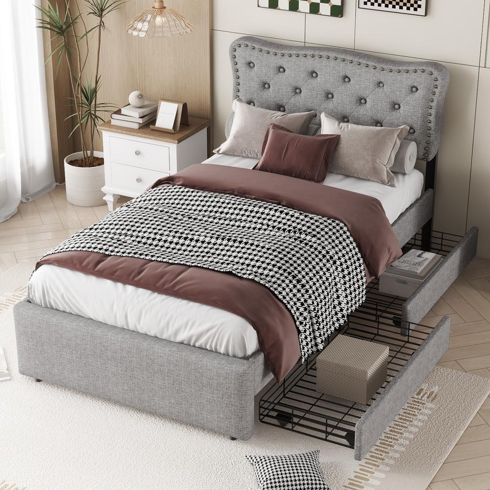 Merax 90*200 cm flaches Bett, gepolstertes Bett, Nachttischpolsterung mit dekorativen Nieten, doppelte Schubladen, Grau Bild 1