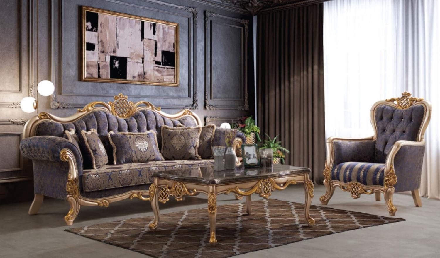 Casa Padrino Luxus Barock Wohnzimmer Set Blau / Silber / Gold - 2 Sofas & 2 Sessel & 1 Couchtisch - Handgefertigte Wohnzimmer Möbel im Barockstil - Edel & Prunkvoll Bild 1
