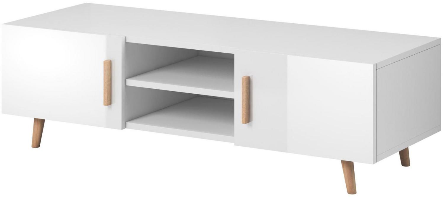 Domando Lowboard Terni M2 Skandinavisch für Wohnzimmer Breite 140cm, Holzfüße, Hochglanz, Weiß Matt und Weiß Hochglanz Bild 1