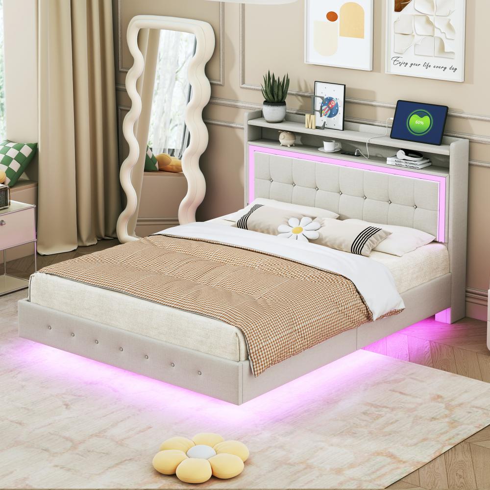 Merax Polsterbett 140*200, mit USB-Steckdose und LED-Licht, verstecktes Fußdesign, Doppelflachbett, Leinenstoff beige Bild 1