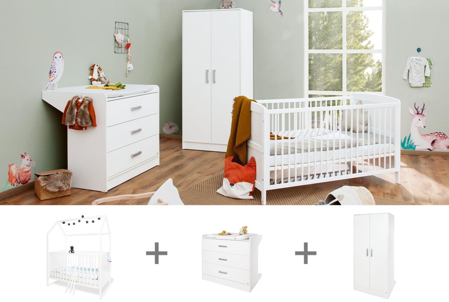 Pinolino Kinderzimmer ´Hilda & Viktoria´ breit, weiß, inkl. Hausbett, Wickelkommode und Kleiderschrank Bild 1