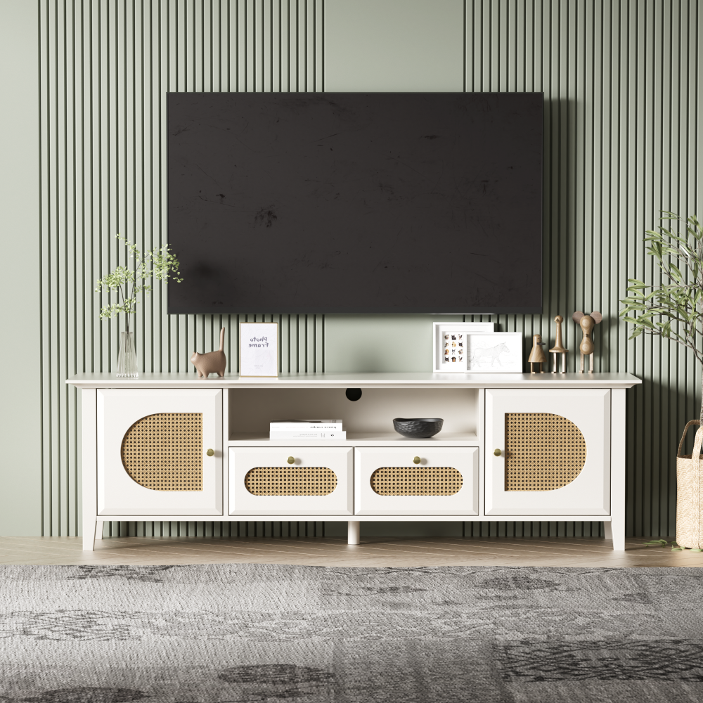 Merax TV-Schrank, bemalte und abgeschrägte TV-Möbel, gebogene Rattantüren und Schubladen inklusive offener Fächer, Warme Weiß- und Rattanfarben Bild 1