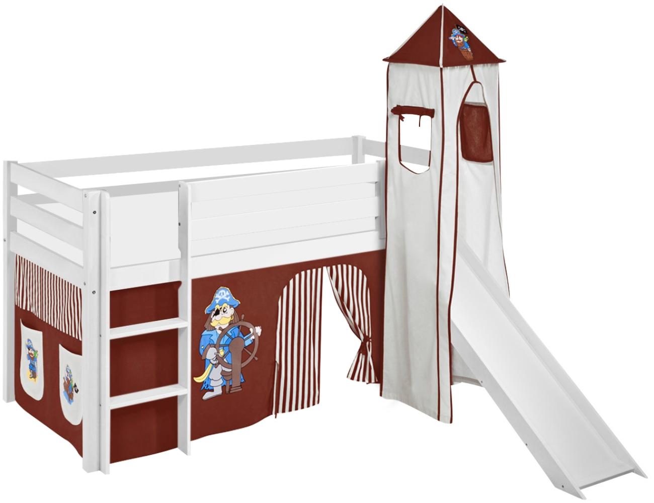 Lilokids 'Jelle' Spielbett 90 x 200 cm, Pirat Braun Beige, Kiefer massiv, mit Turm, Rutsche und Vorhang Bild 1