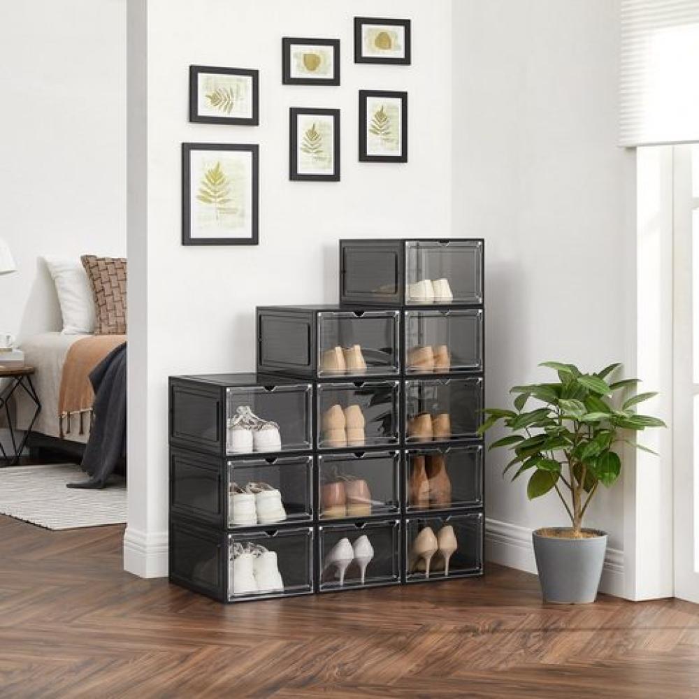 SONGMICS Schuhboxen, Schuh-Organizer aus Kunststoff, mit Tür, durchsichtig, Kunststoffboxen, 12er Set, stapelbar, einfache Montage, 27 x 34,5 x 19 cm, für Schuhe bis Größe 46, schwarz LSPDE032B12 Bild 1