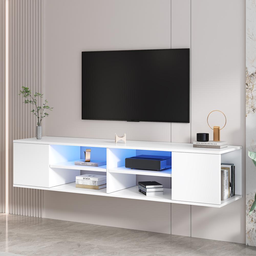 Merax Lowboard Scandi, Fernsehtisch, mit LED und 6 offenen Fächern, TV-Schrank Wandmontage/Freistehend, Weiß Bild 1