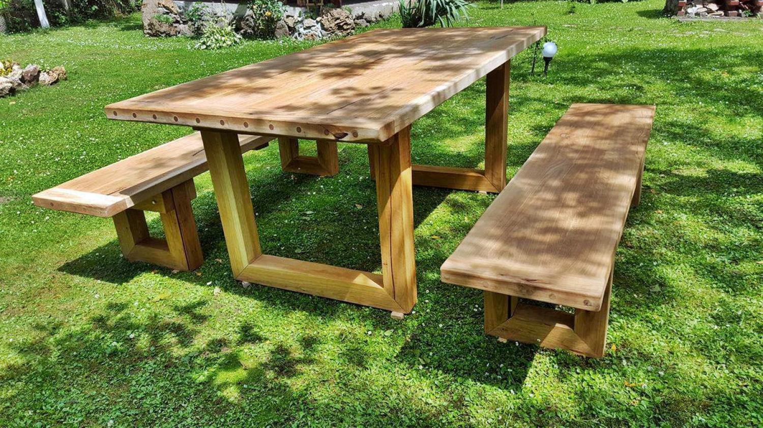 Casa Padrino Gartenmöbel Set Rustikal - Tisch + 2 Garten Bänke (Länge: 200 cm) - Eiche Massivholz Bild 1