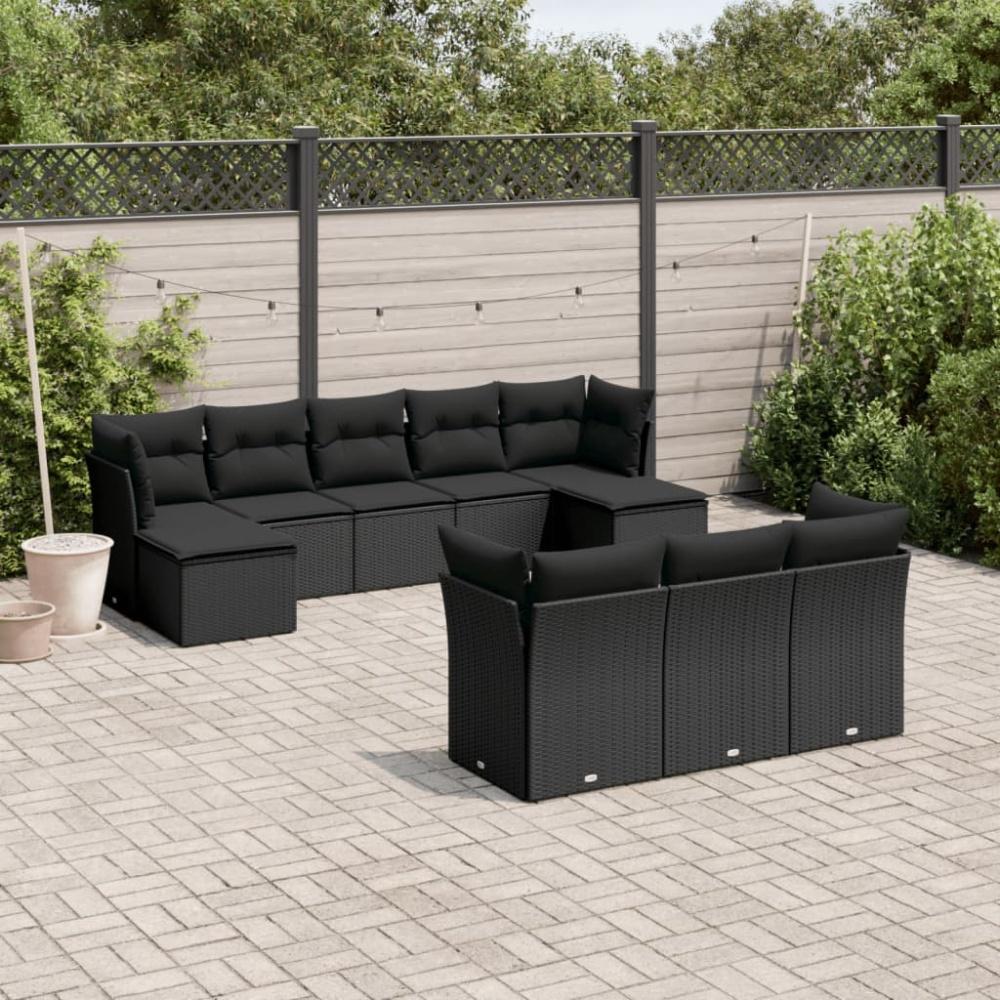 vidaXL 10-tlg. Garten-Sofagarnitur mit Kissen Schwarz Poly Rattan Bild 1