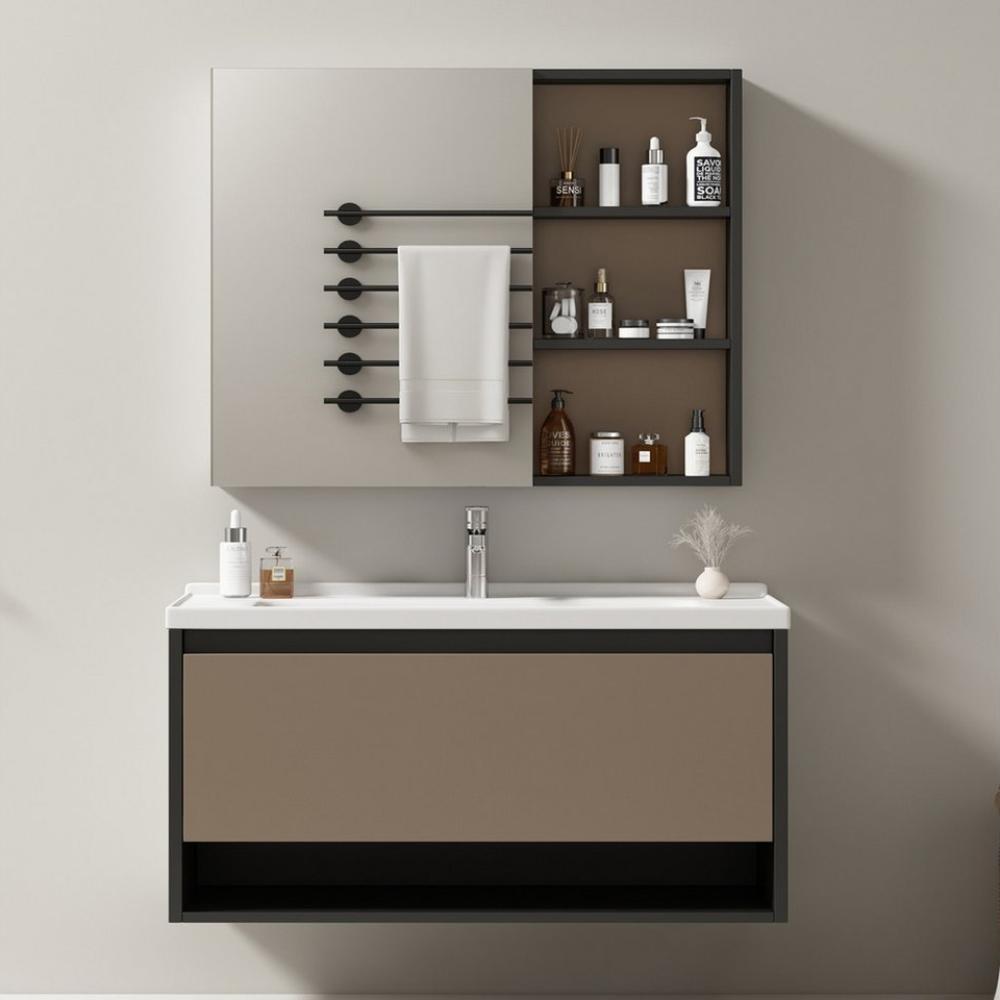 Merax Badmöbel-Set, (Komplett-Set, 2-St, Spiegelschrank und Waschtisch), Badezimmermöbel, Badmöbel mit Soft-Close-Funktion, inkl. Becken Bild 1