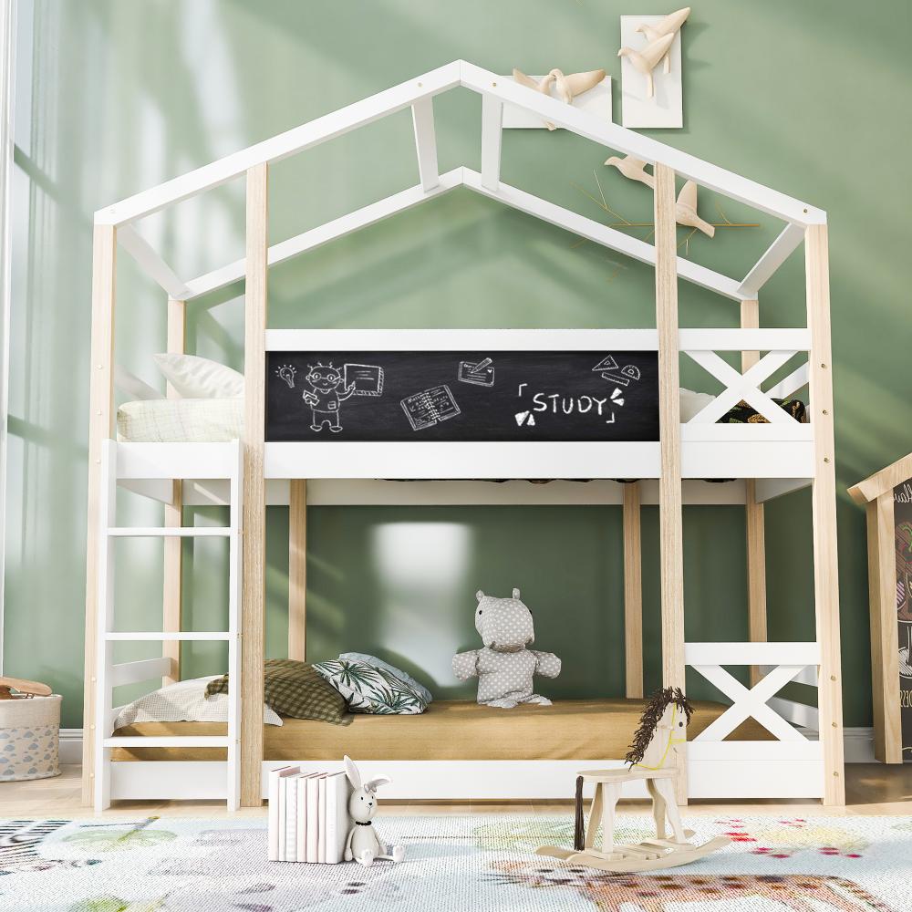 Merax Kinderbett Baumhaus mit Leiter 90 x 200 cm, Hochbett für Kinder– 2x Lattenrost- Natur & Weiß Bild 1