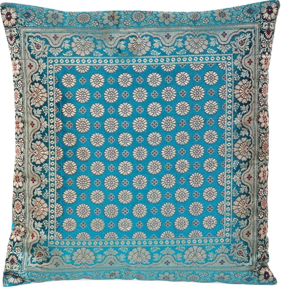Handgewebter indischer Banarasi Seide Deko-Kissenbezug in Türkis - 40 cm x 40 cm Bild 1