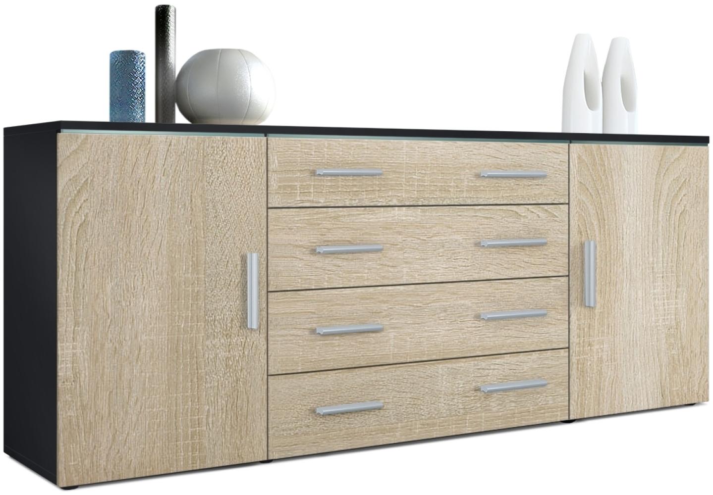 Vladon Sideboard Faro V2, Kommode mit 2 Türen und 4 Schubladen, Schwarz matt/Eiche sägerau (166 x 72 x 35 cm) Bild 1