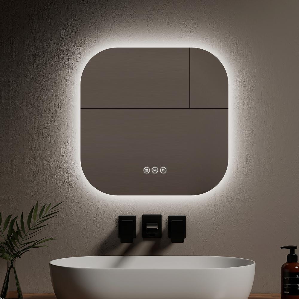 EMKE Badspiegel mit Beleuchtung, Softcube, Rahmenlos, 3000/4000/6500K Badezimmerspiegel 50×50cm Bild 1
